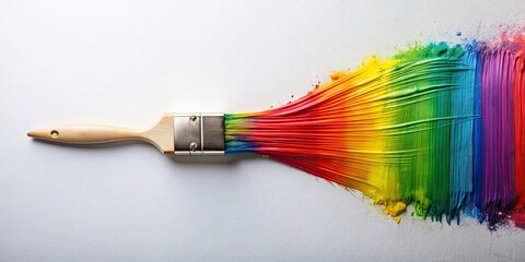 Obraz premium Paint brush creating colorful strokes on a blank white wall, paint, brush, wall, art, creative, painting, creation, artistic