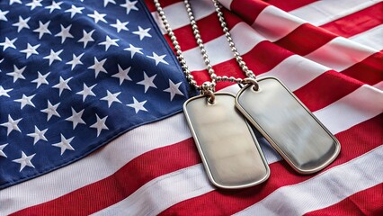 Military dog tags placed on an American flag background, patriotic, army, identification, soldier, military, USA, identity, tag