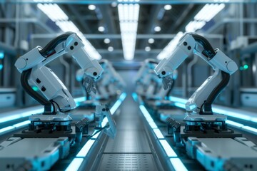 Interior of a modern factory with robotic arms