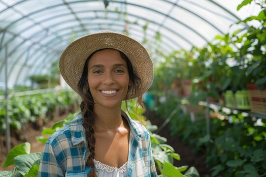 Interior of a greenhouse with young hispanic female farmer