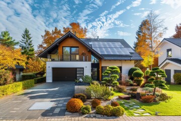 Modern home exterior with solar panels