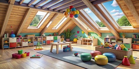Playful attic playground filled with colorful toys and games, attic, playground, playful, colorful, toys, games, fun