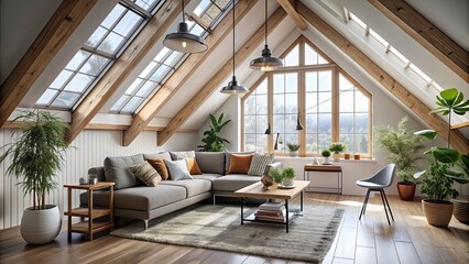 Fototapeta premium Cozy Nordic loft retreat with minimalist design and natural light , attic, loft, cozy, Nordic, retreat, interior, design