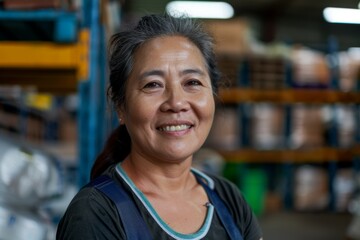 Naklejka premium Portrait of a smiling middle aged female warehouse worker