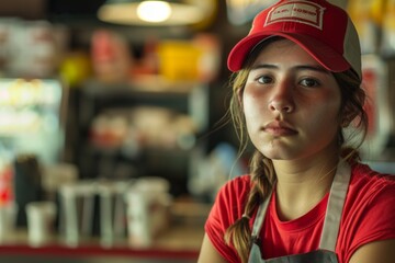 Portrait of a young adult mexican female fast food worker