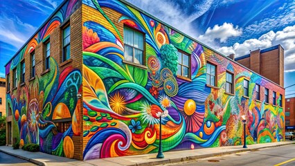 Obraz premium A vibrant and colorful mural on the side of a city building , street art, urban, graffiti, vibrant, colorful, mural