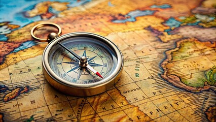 Magnetic compass guiding pin on world map route, navigation, direction, travel, exploration, adventure