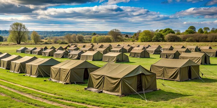 A temporary military camp of soldiers in a rural field setting , soldiers, army, field, temporary, camp, military, tents