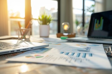 Collection of graphs and analytics charts on office desk