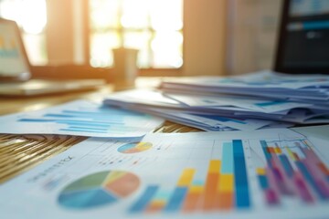 Collection of graphs and analytics charts on office desk