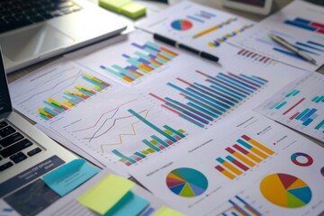 Collection of graphs and analytics charts on office desk