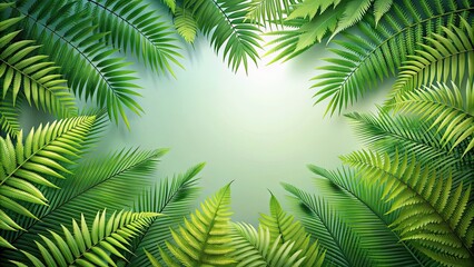 Digitally illustrated scene of layered fern and palm fronds , nature, tropical, lush, foliage, green, leaves, botanical