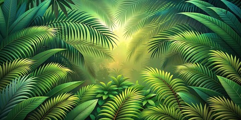 Digitally illustrated tropical jungle scene with layers of overlapping fern and palm fronds, tropical, jungle,digital art
