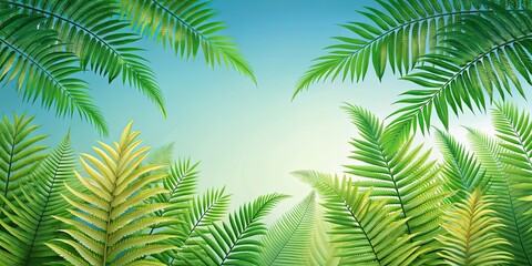 Digitally illustrated scene of layered fern and palm fronds, tropical, foliage, nature, botanical, greenery, plants, leaves