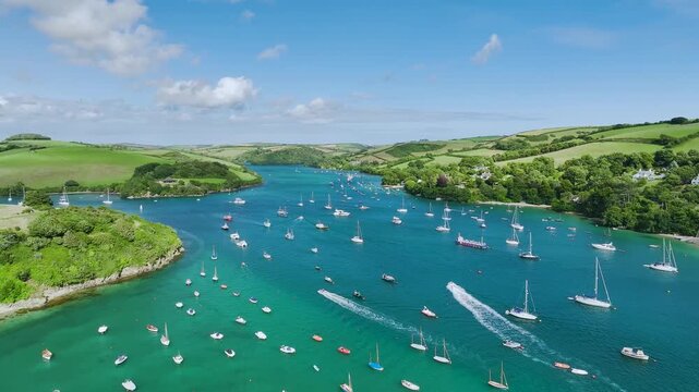 Salcombe and Mill Bay over Kingsbridge Estuary from a drone, Devon, England, Europe