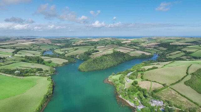 Salcombe and Mill Bay over Kingsbridge Estuary from a drone, Devon, England, Europe