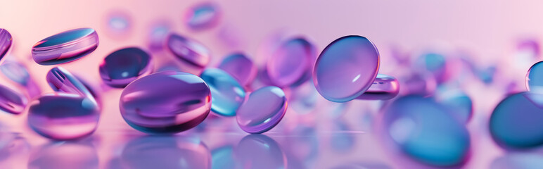 Abstract trendy horizontal background with iridescent glossy dark purple and blue bubbles
