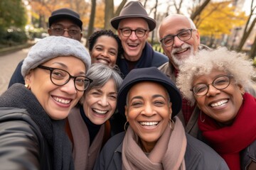 Fototapeta premium Diverse group of seniors taking a selfie together outdoors