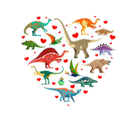 I love dinosaurs heart shape banner with prehistoric Jurassic era lizards, cartoon vector. Funny dinosaurs and dino eggs of reptiles or birds in Jurassic park with love hearts for kids extinct animals
