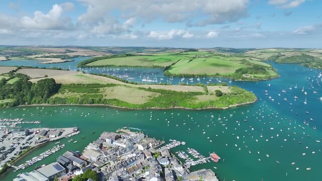 Salcombe and Mill Bay over Kingsbridge Estuary from a drone, Devon, England, Europe