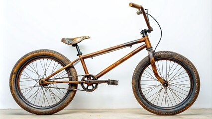 Fototapeta premium Rusted BMX mountain road bike with various components including front and rear wheel, pedal, stunt pegs