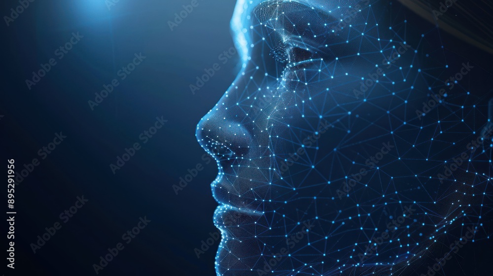 Poster a digital representation of a human face rendered in a futuristic abstract style