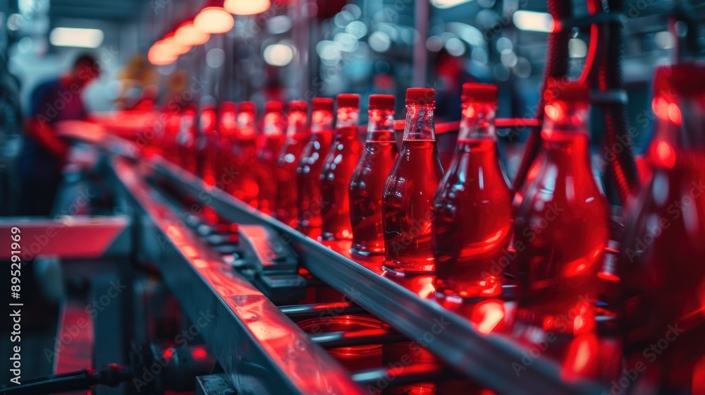 Poster red bottles moving along a conveyor belt in a factory