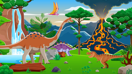 Prehistoric dinosaur in jungle and volcano with lava. Cartoon vector scene with pelorosaurus, stegosaurus, tyrannosaurus rex and pterosaur dino species, waterfall, lush greenery and volcanic eruption © Vector Tradition