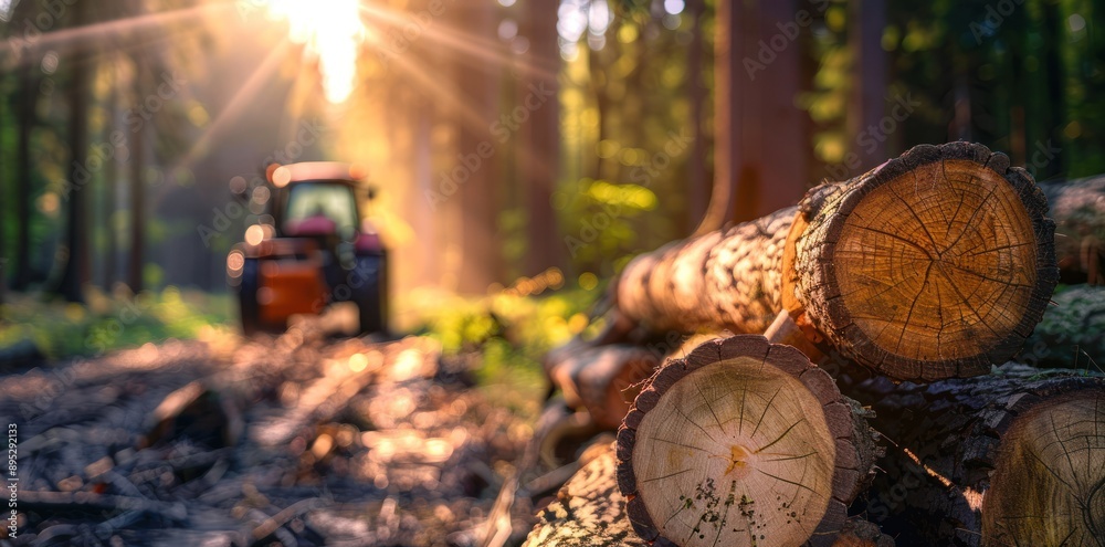 Poster a pile of logs in a forest with a blurry tractor in the background