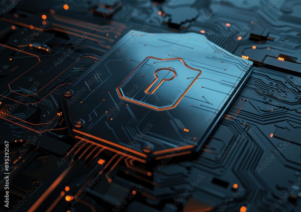 Poster A security icon on a circuit board symbolizing digital protection