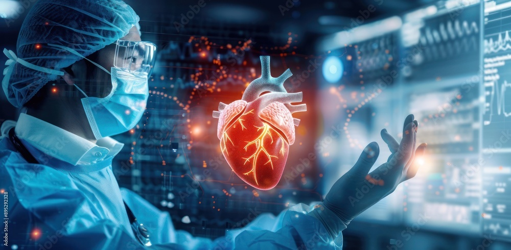Poster a surgeon in a sterile environment interacts with a digital 3d model of a human heart