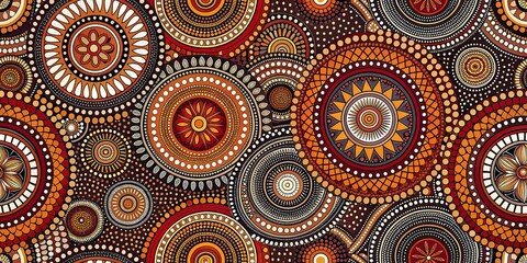 Seamless pattern of traditional Australian Aboriginal art featuring intricate indigenous patterns and motifs