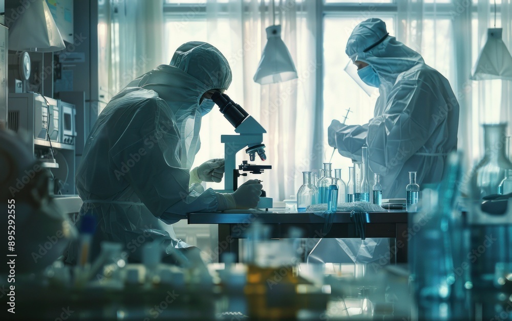 Poster A scientist in a protective suit examines a sample under a microscope in a laboratory setting