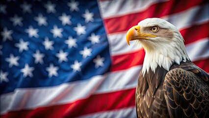 Bald eagle proudly perched in front of an American flag, patriotic, national symbol, wildlife, majestic