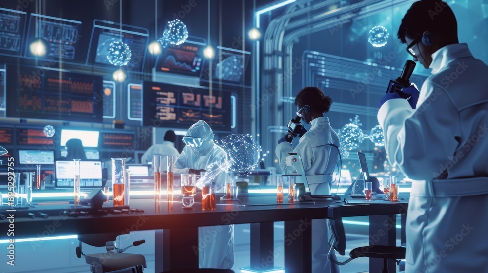 Leinwandbilder Scientists in a futuristic laboratory examine microscopic samples while advanced technology displays intricate data visualizations