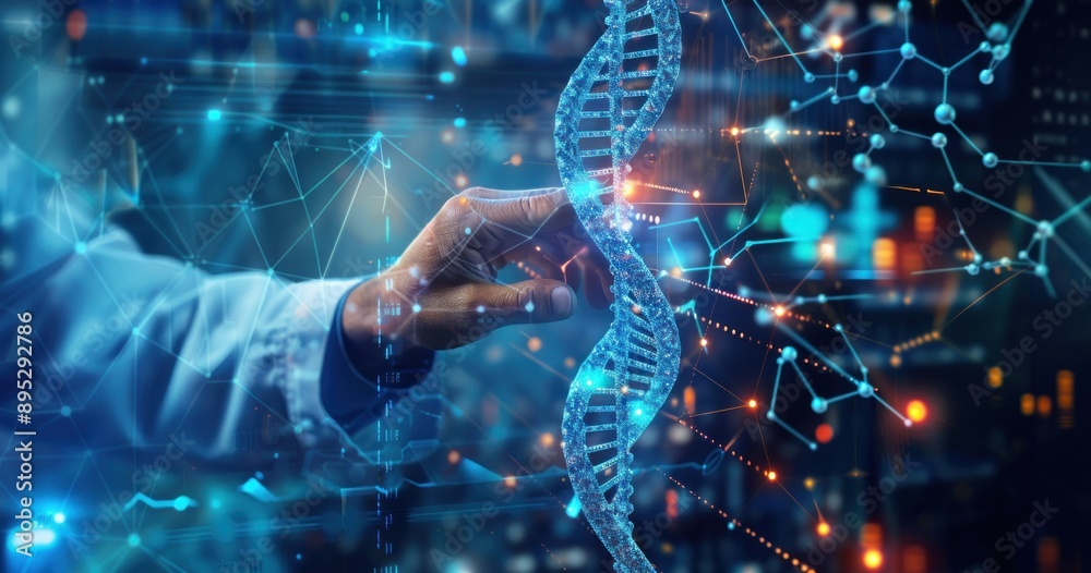 Aufkleber a digital representation of a dna helix being interacted with by a hand suggesting scientific explor