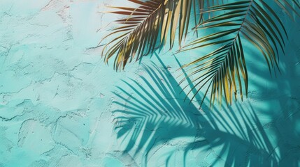 Texture wall with palm shadow on turquoise. Summer tropical beach concept. Flat lay pastel palm.
