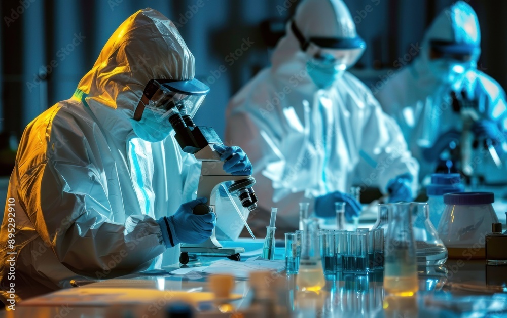 Aufkleber A Scientist in Protective Gear Uses a Microscope to Examine Samples in a Laboratory Setting