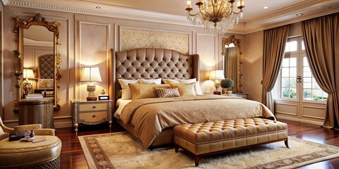 Luxurious and inviting -rendered bedroom with plush pillows and cozy ambiance, luxury, comfort, bedroom, render