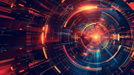 Fototapeta premium Digital abstract background featuring a data stream circular structure with concentric circles being scanned