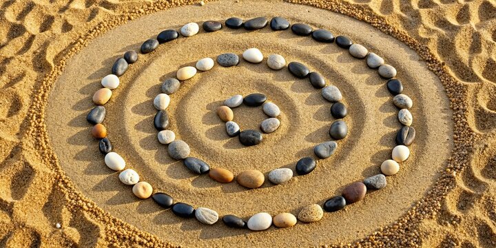 Yin Yang symbol made of stones on sandy beach, yin yang, balance, harmony, zen, spirituality, contrast, duality