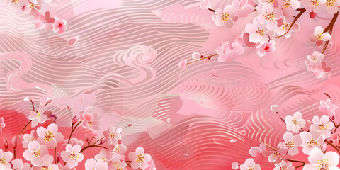 Beautiful cherry blossom flowers on a pink abstract background with flowing lines, perfect for spring themes and artistic designs.