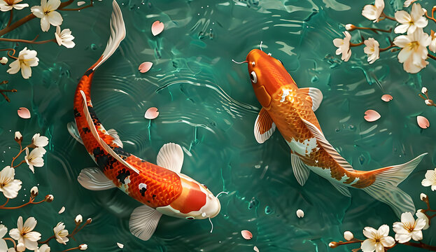 Beautiful koi fish swimming gracefully in a vibrant green pond surrounded by delicate cherry blossom petals.