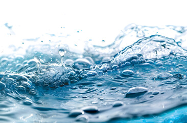 Close-up view of blue water with ripples and bubbles, creating a dynamic and refreshing visual effect against a white background.