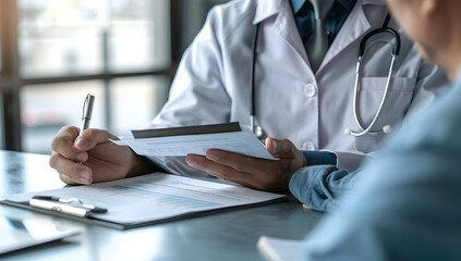 Doctor consulting a patient, reviewing medical notes and discussing treatment options in a modern clinic setting.