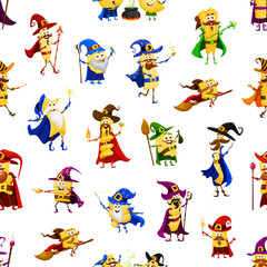 Cartoon Halloween pasta wizard and mage characters pattern. Wallpaper or fabric print vector background with orzo, orecchiette, lasagna, ditalini and filini, eliche, all uovo sorcerer cute personages