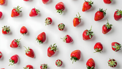Fresh red strawberries arranged in an artistic pattern on a white background, showcasing their vibrant color and natural texture.