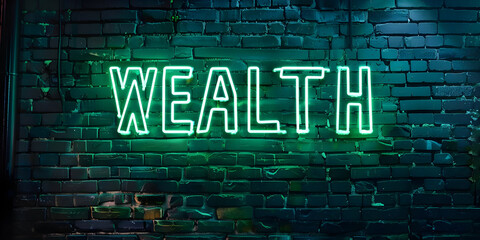 Fototapeta premium Green neon sign saying 'WEALTH' on a brick wall, symbolizing financial prosperity and success. Perfect for business or finance topics.