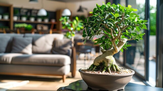 Stylish indoor setting with Ficus Ginseng bonsai tree Home gardening idea