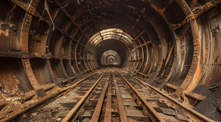 Rusty abandoned subway tunnel with metal tracks, collapsed sections, and remnants of a bygone era, evoking a post-apocalyptic atmosphere.
